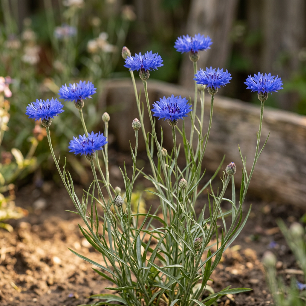 Blue cornflowers in a cottage garden