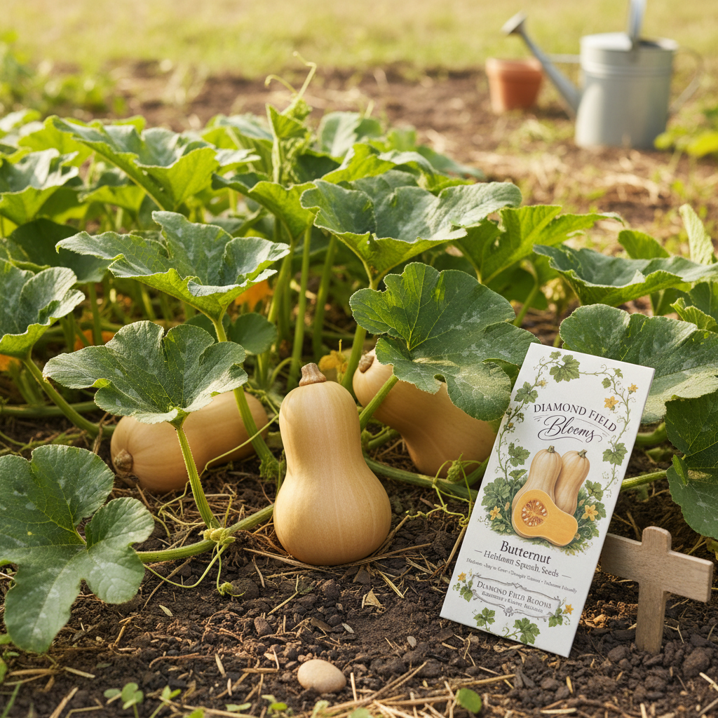 Buttercut squash growing in a garden bed with green leaves and soil, alongside a printed seed packet labeled Diamond Field Blooms Butternut and a small wooden cross stake.