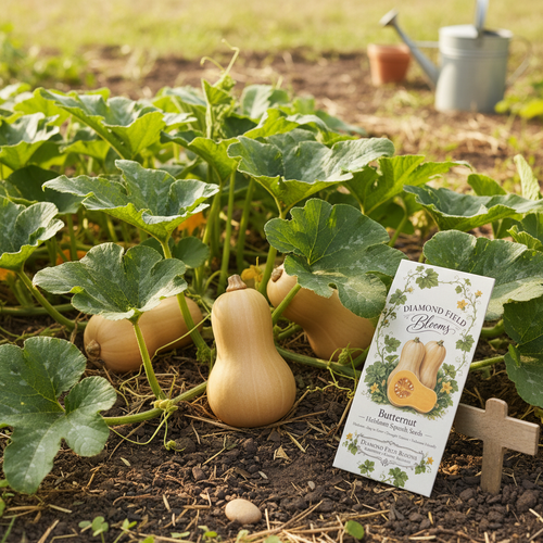 Buttercut squash growing in a garden bed with green leaves and soil, alongside a printed seed packet labeled Diamond Field Blooms Butternut and a small wooden cross stake.
