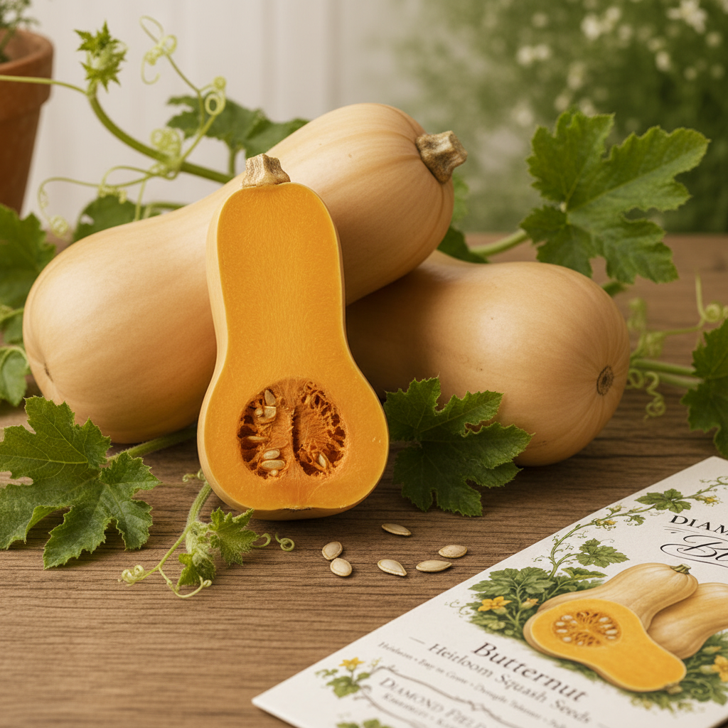 Three butternut squash fruits with green leaves and vines on a wooden surface, with one squash cut in half to show the orange flesh and seeds. A seed packet labeled 'Diamond Field Blooms Butternut seed' is visible in the lower right corner.