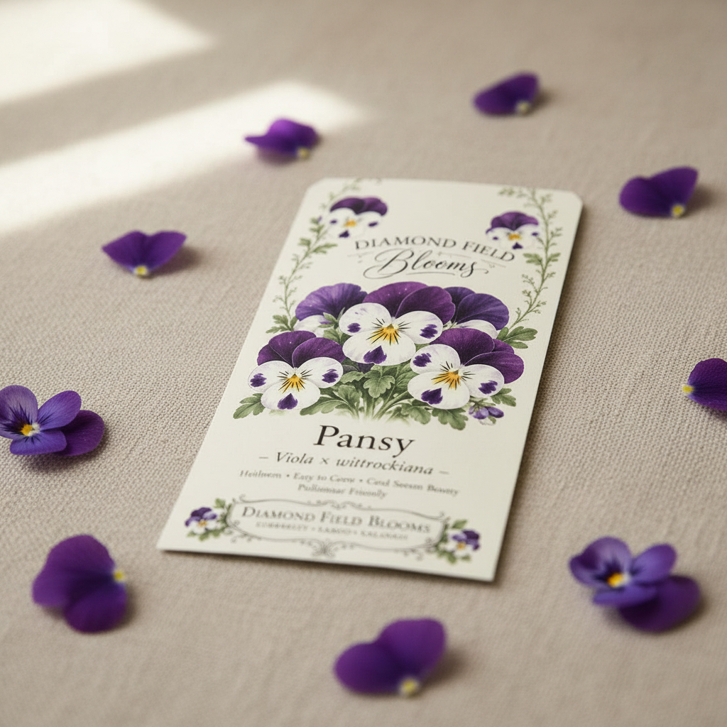 Close-up of Diamond Field Blooms Pansy seed packet on linen with purple pansy petals