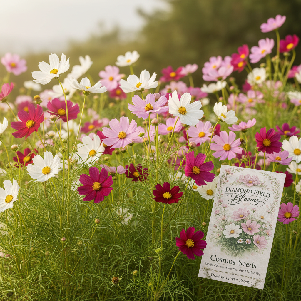 Close-up of mixed cosmos blooms in white, pink and magenta with feathery foliage and Diamond Field Blooms Cosmos Seeds packet tucked among the stems