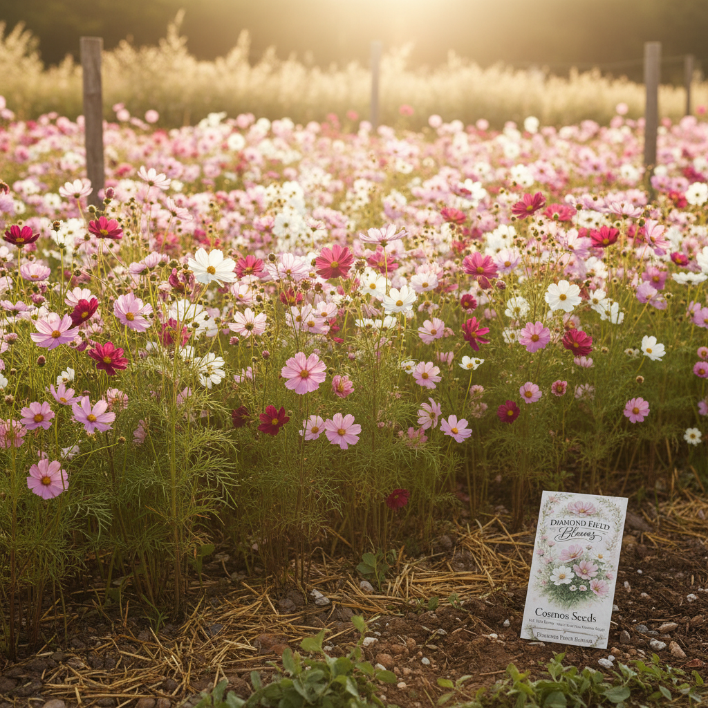 Abundant mixed cosmos flowers in white, pink and magenta blooming in a sunlit garden with Diamond Field Blooms seed packet in the corner