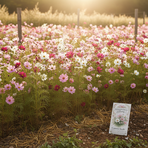 Abundant mixed cosmos flowers in white, pink and magenta blooming in a sunlit garden with Diamond Field Blooms seed packet in the corner