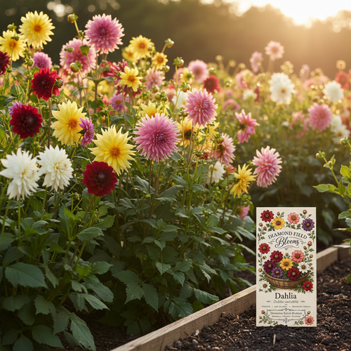 A garden bed filled with colorful dahlia flowers at sunset, with a Diamond Field Blooms Dahlia seed packet on the soil in the lower right corner. Beautiful garden scene. 