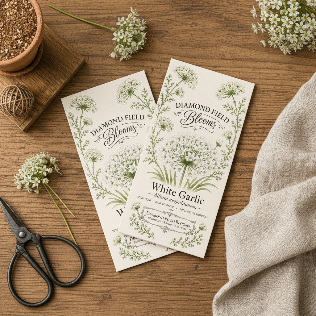 Diamond Field Blooms White Garlic seed packets  styled as a gift with garden scissors and twine on linen
