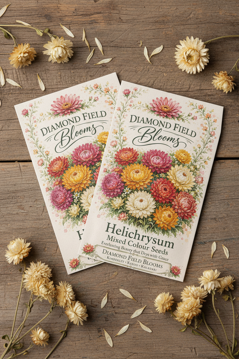Diamond Field Blooms Helichrysum Mixed Colour Seeds packet flat lay on rustic wood with scattered dried blooms