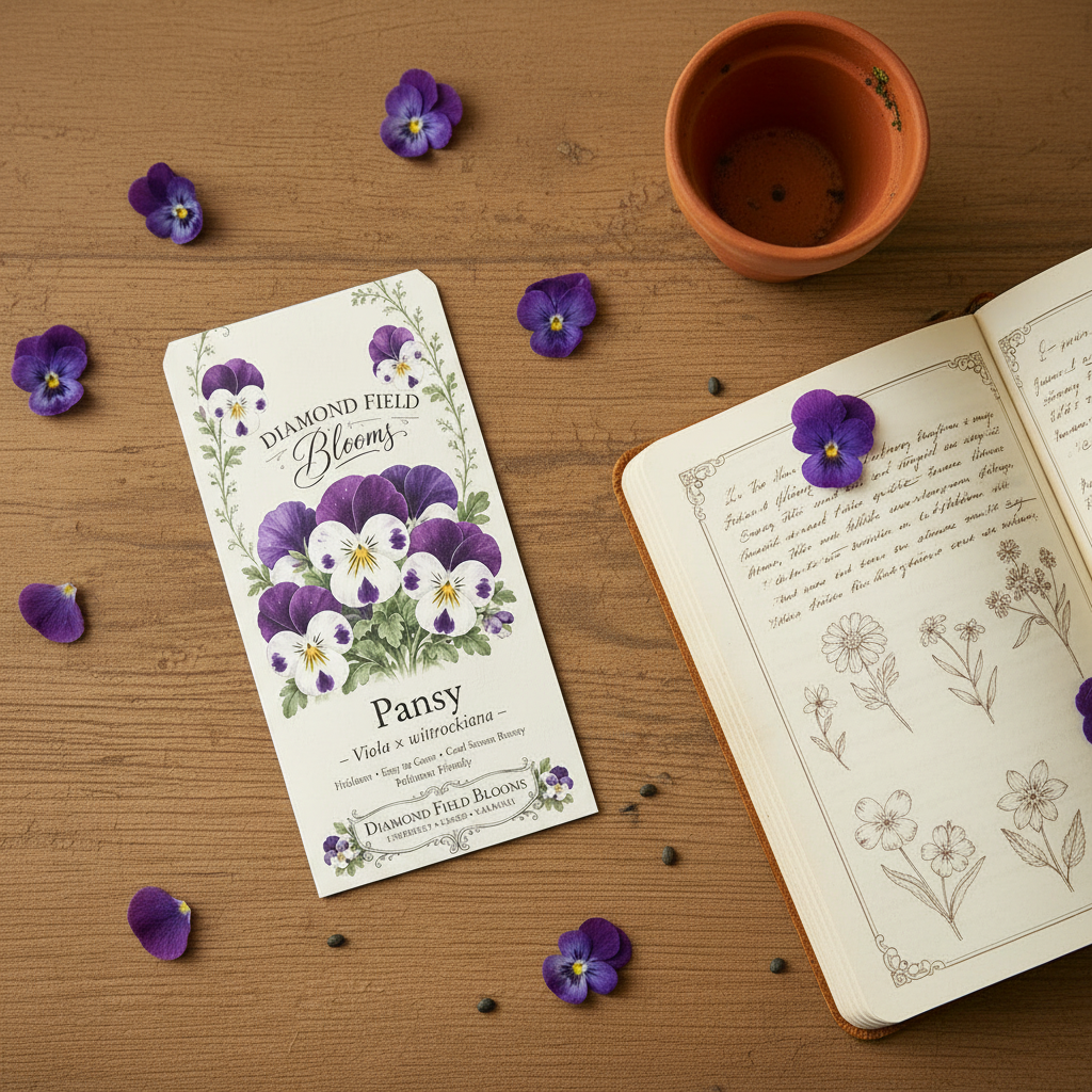 Diamond Field Blooms Pansy seeds packet with garden journal, terracotta pot and pressed pansy flowers