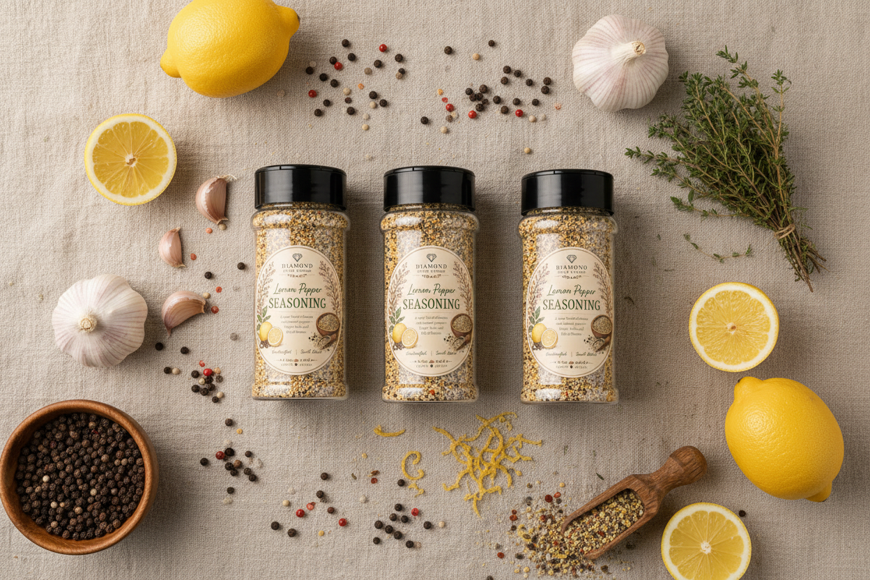 Three bottles of Diamond Field Blooms lemon pepper seasoning arranged on a linen surface with lemons, garlic, peppercorns, herbs, and a wooden scoop around them.
