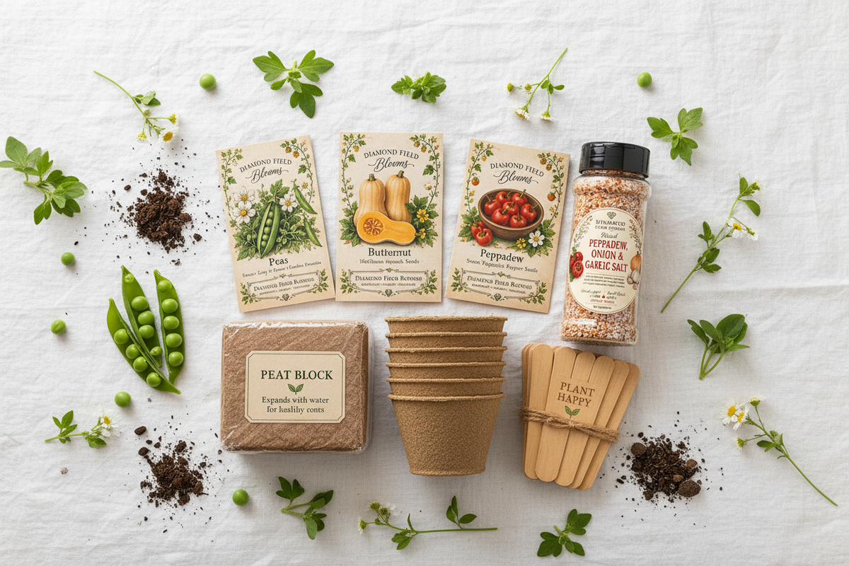 Flat lay of Diamond Field Blooms Edible Garden in a Box contents — seed packets, peat block, biodegradable pots, plant markers and gourmet salt bottle arranged on white linen with green leaves and flowers