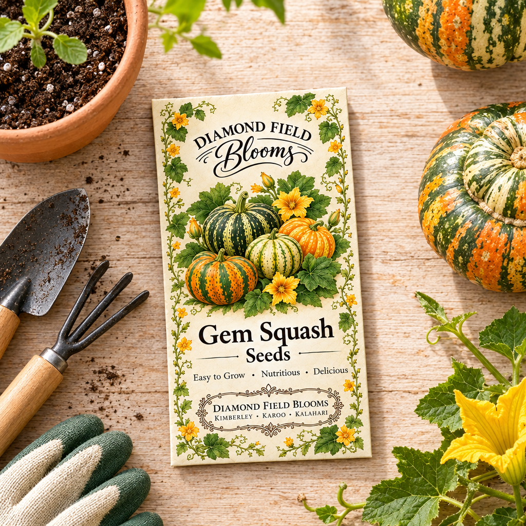 "Diamond Field Blooms Gem Squash Seeds packet flat lay with gardening tools, terracotta pot, and a gem squash"