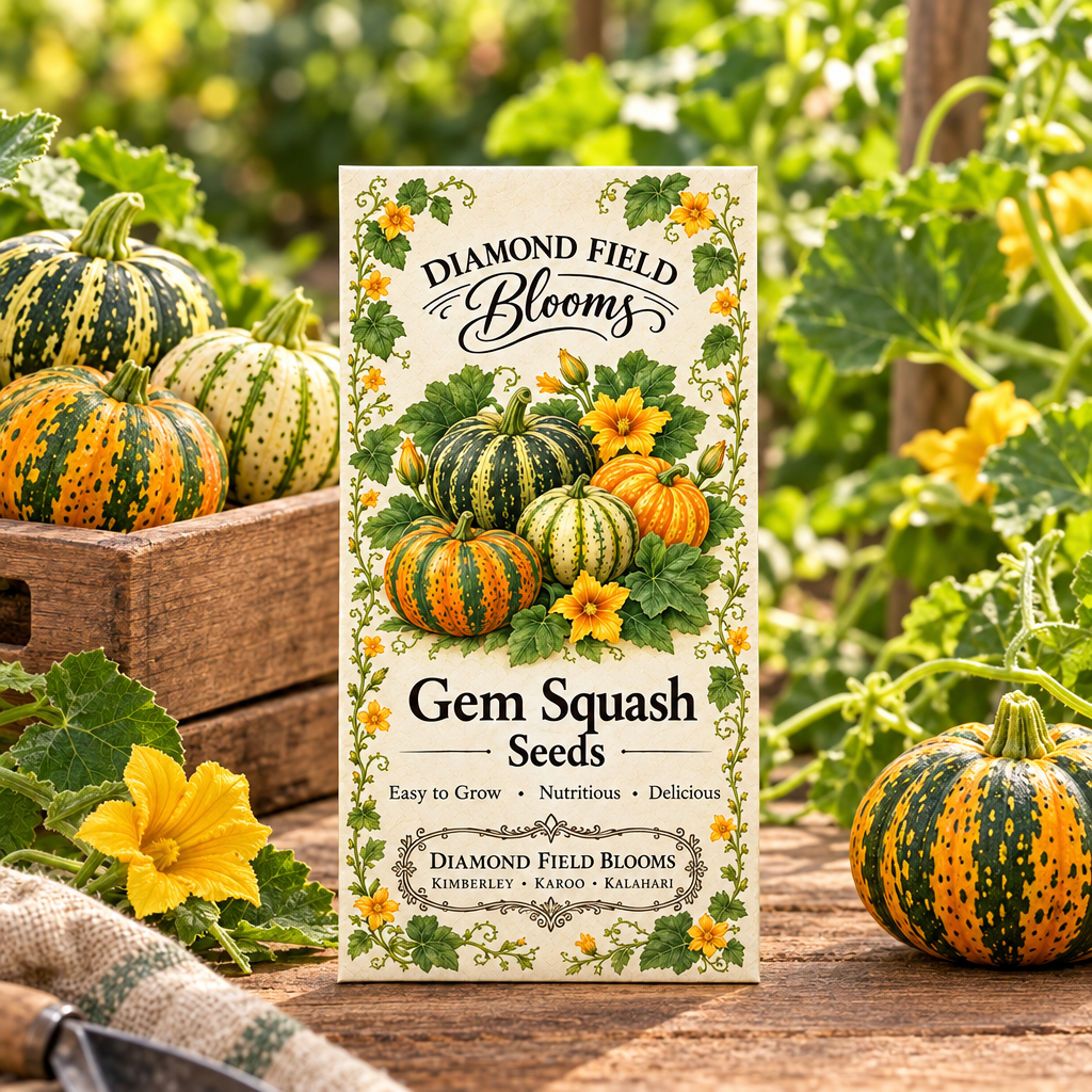 Diamond Field Blooms Gem Squash Seeds packet standing in a vegetable garden beside a crate of fresh gem squash"