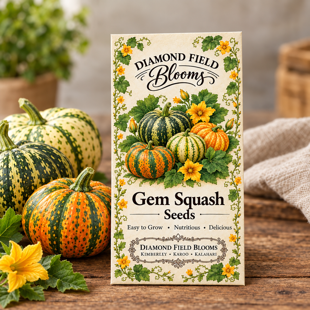 Diamond Field Blooms Gem Squash Seeds packet beside fresh gem squash on a rustic wooden table"