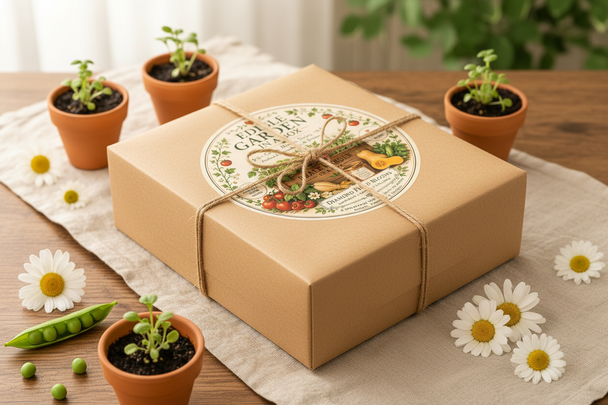 Diamond Field Blooms Edible Garden in a Box gift presentation, kraft box tied with natural twine surrounded by potted seedlings and daisy flowers on linen cloth