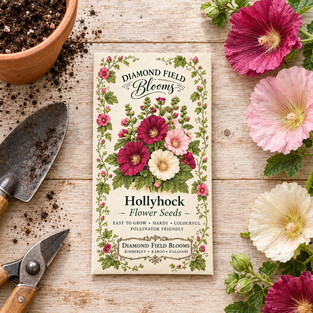 "Diamond Field Blooms Hollyhock Flower Seeds packet flat lay with gardening tools, terracotta pot, and hollyhock flower heads"