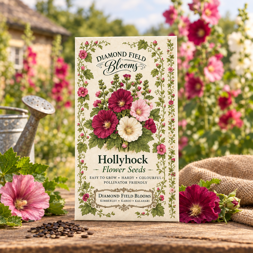 "Diamond Field Blooms Hollyhock Flower Seeds packet standing in a cottage garden with tall hollyhock spires in the background"