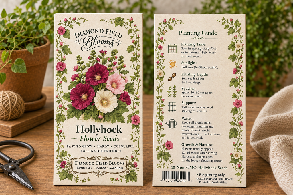 "Diamond Field Blooms Hollyhock Flower Seeds packet, rectangular box style, 5g"