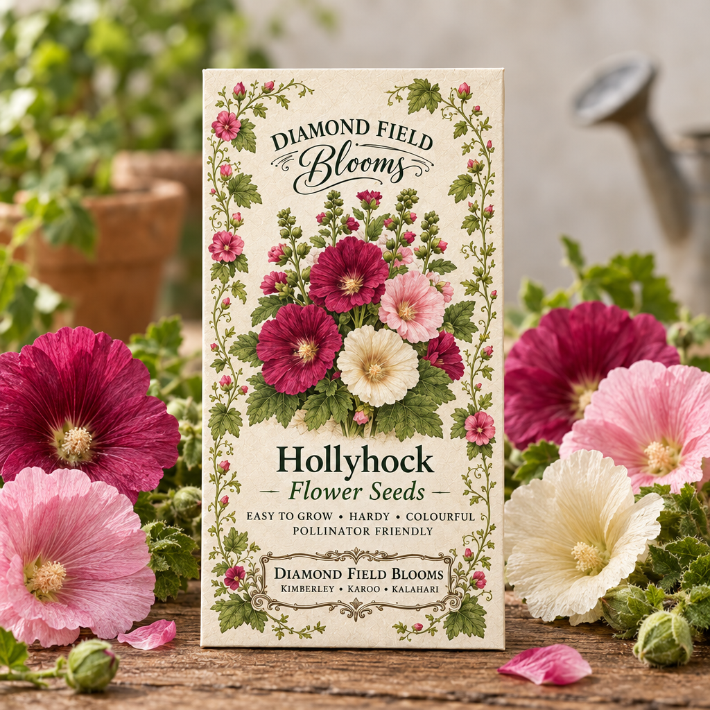 Diamond Field Blooms Hollyhock Flower Seeds packet beside fresh magenta, pink, and cream hollyhock blooms on a rustic wooden table"