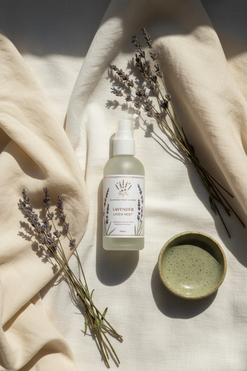 Lavender Linen Mist 100ml by Diamond Field Blooms — styled flat lay on white linen with dried lavender sprigs