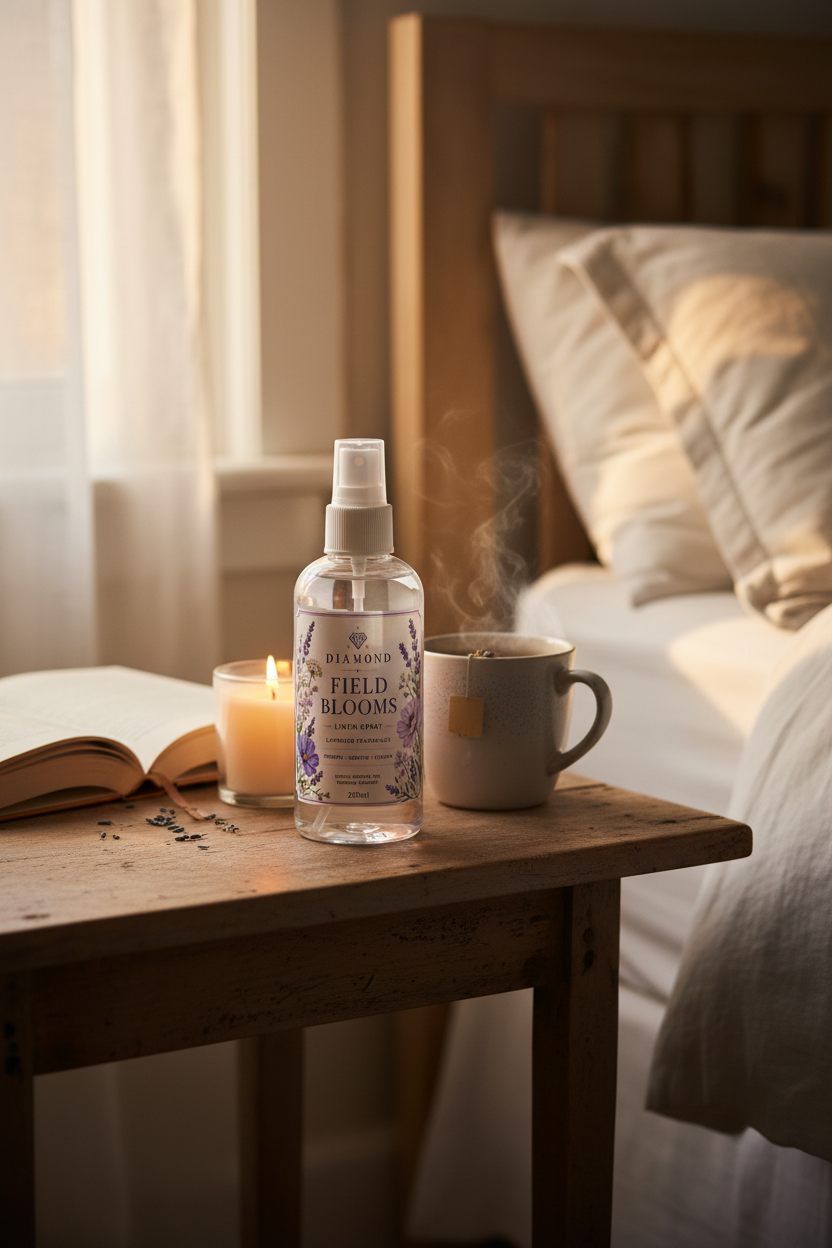 Lavender Linen Mist 200ml by Diamond Field Blooms — styled on a wooden bedside table with candle, book and herbal tea