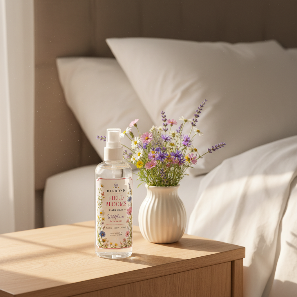 Diamond Field Blooms Wildflower Linen Spray styled on a wooden bedside table with white linen and wildflowers