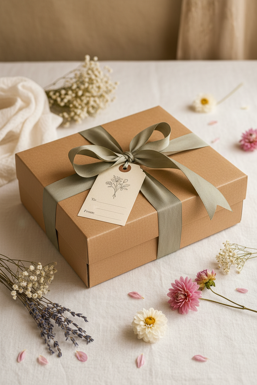 Diamond Field Blooms Garden in a Box styled as a wrapped gift on white linen with dried flowers and a ribbon