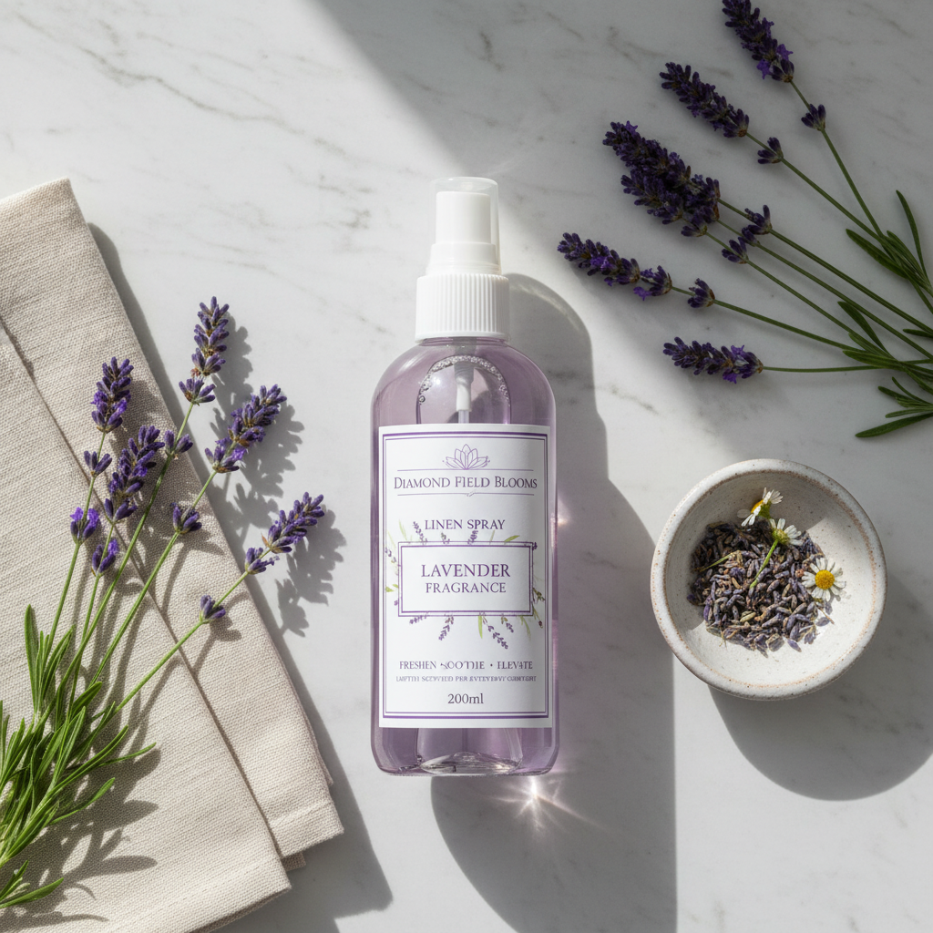 Diamond Field Blooms Lavender Linen Mist 200ml — flat lay on white marble with fresh lavender bunches and cream linen cloth