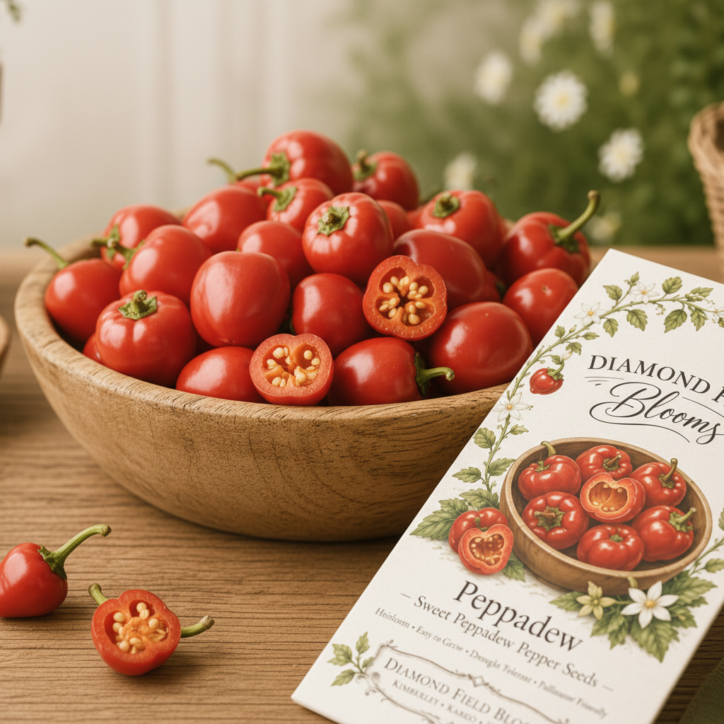 Freshly harvested peppadew peppers piled in a rustic wooden bowl with some cut open showing orange flesh, Diamond Field Blooms Peppadew Seeds packet in the corner