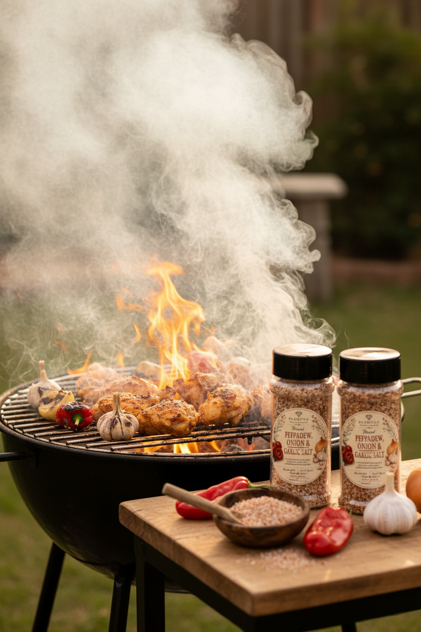 Diamond Field Blooms Peppadew Garlic & Onion Gourmet Salt styled next to a braai with grilled chicken and fresh peppadews