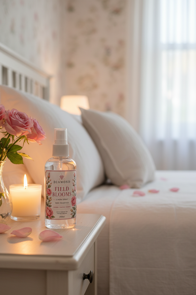 Rose Scented Linen Spray 200ml by Diamond Field Blooms — styled on a bedside table with pink roses, white linen pillow and lit candle