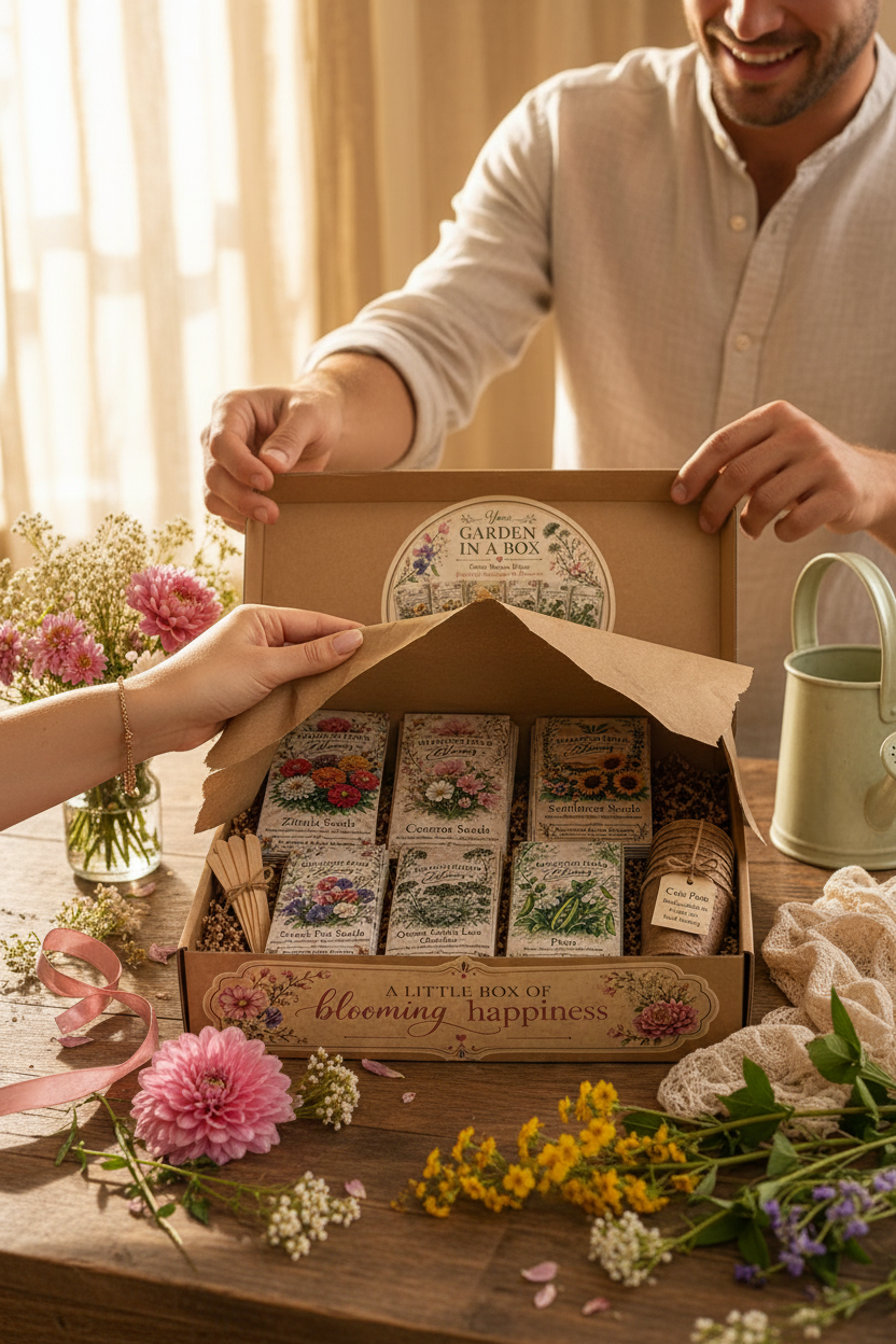 Diamond Field Blooms Garden in a Box being unwrapped on a wooden table surrounded by fresh flowers and greenery