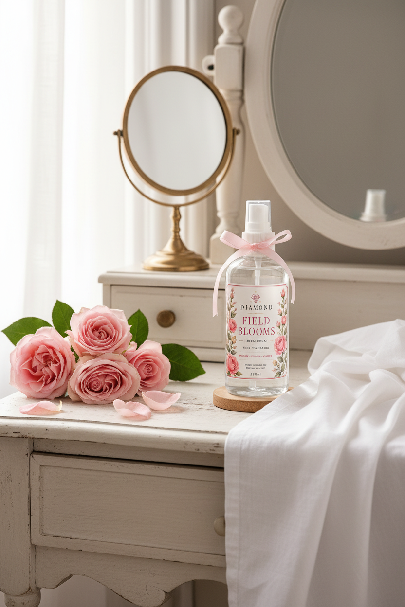 Rose Scented Linen Spray 200ml by Diamond Field Blooms — styled on a white dressing table with fresh pink roses and soft linen