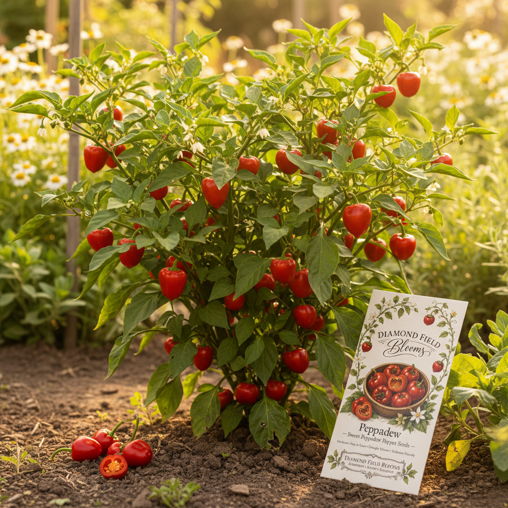 Peppadew pepper plant with small round bright red fruits on lush green vines in a sunny garden, Diamond Field Blooms Peppadew Seeds packet in the corner