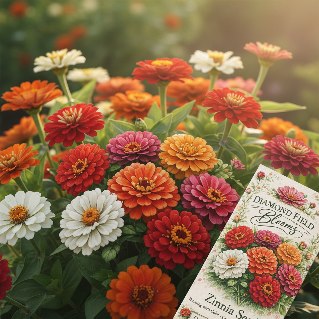 Close-up of mixed zinnia blooms in red, orange, pink and white with lush green foliage, Diamond Field Blooms Zinnia Seeds packet in the corner