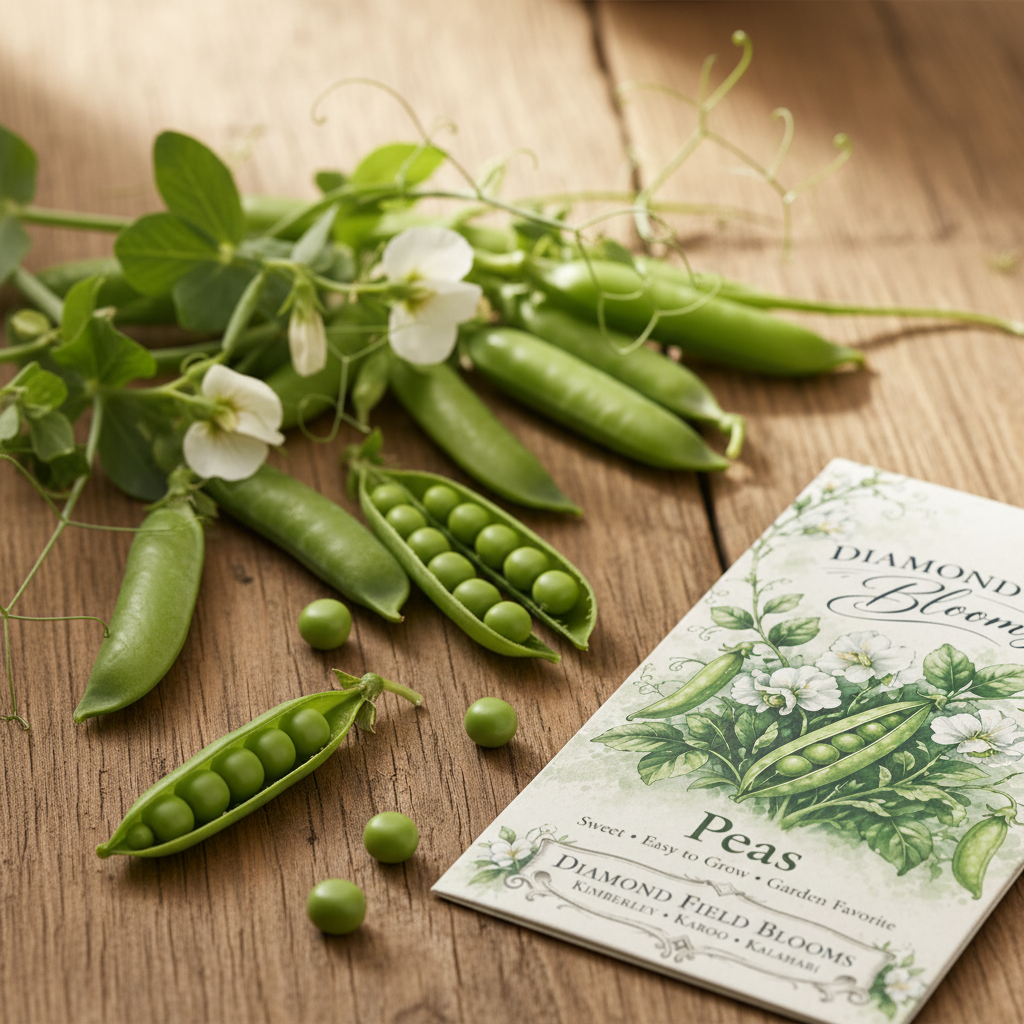 Freshly harvested garden peas with split pods revealing bright green peas on a rustic wooden surface, Diamond Field Blooms seed packet in the corner
