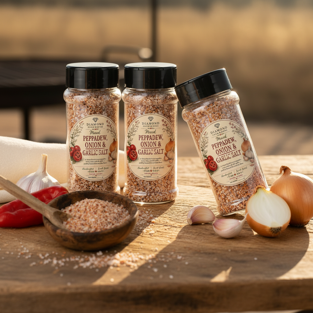 Diamond Field Blooms Peppadew Garlic & Onion Gourmet Salt shaker jars on a rustic wooden board with fresh peppadews, garlic and onion