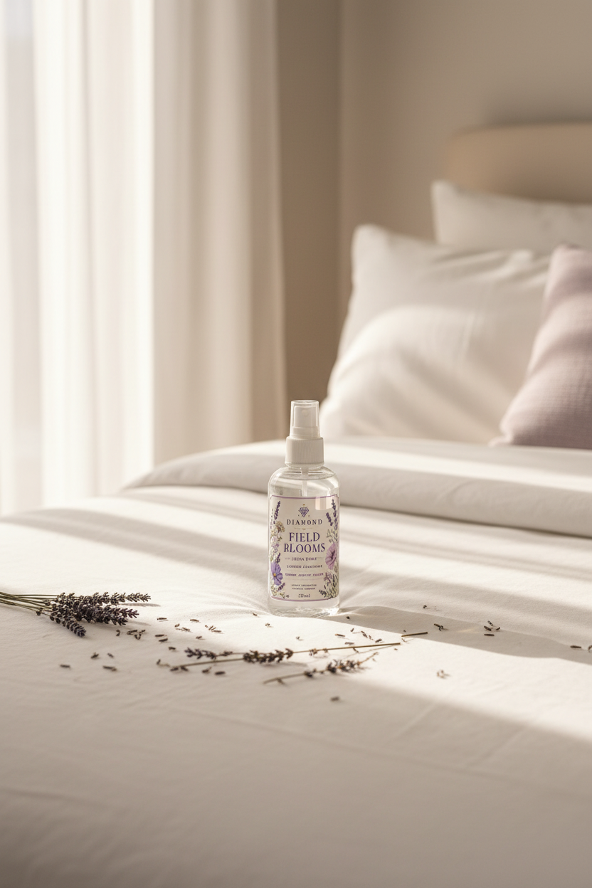 Lavender Linen Mist 200ml by Diamond Field Blooms — styled on a white linen bed with dried lavender sprigs and soft morning light