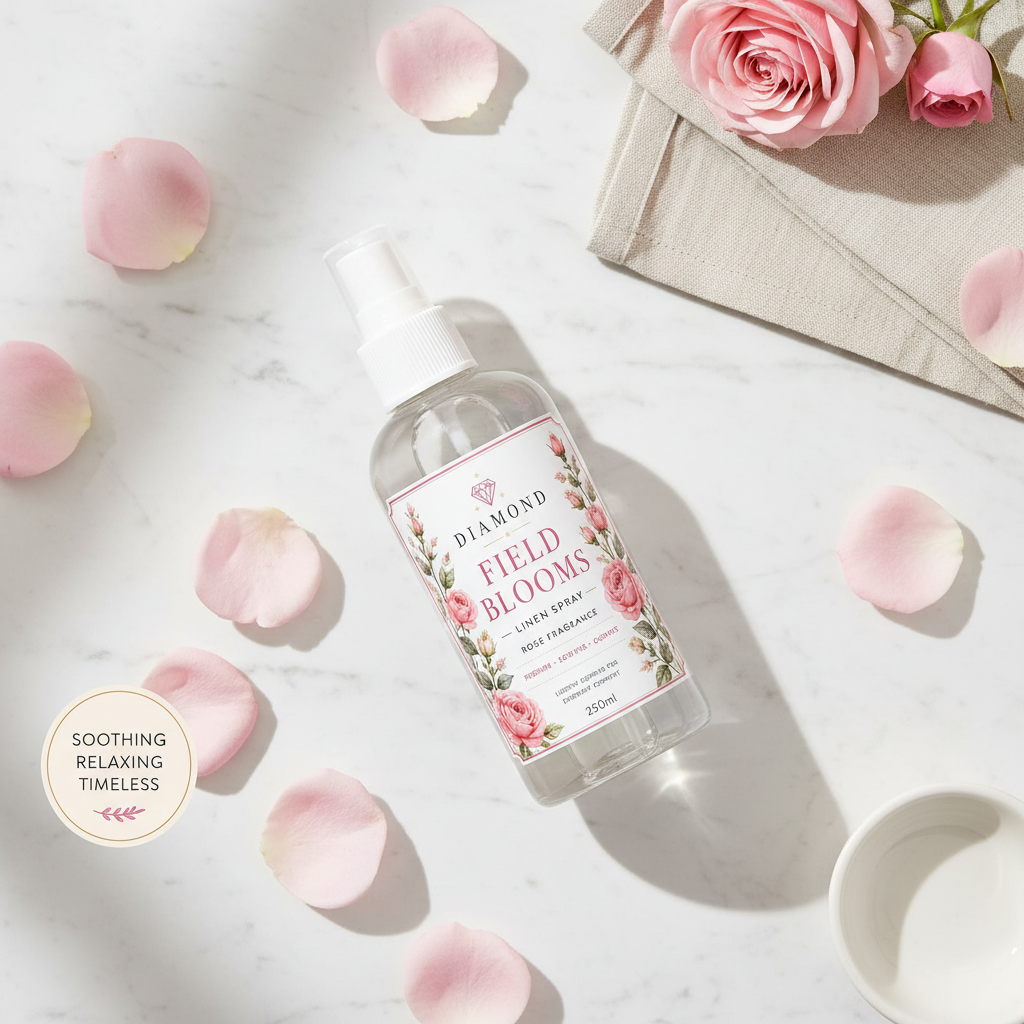 Diamond Field Blooms Rose Scented Linen Spray 200ml — flat lay on white marble with fresh pink rose petals and cream linen cloth