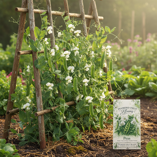 Garden pea plants climbing a rustic trellis with white flowers and plump green pods, Diamond Field Blooms Garden Pea Seeds packet in the corner