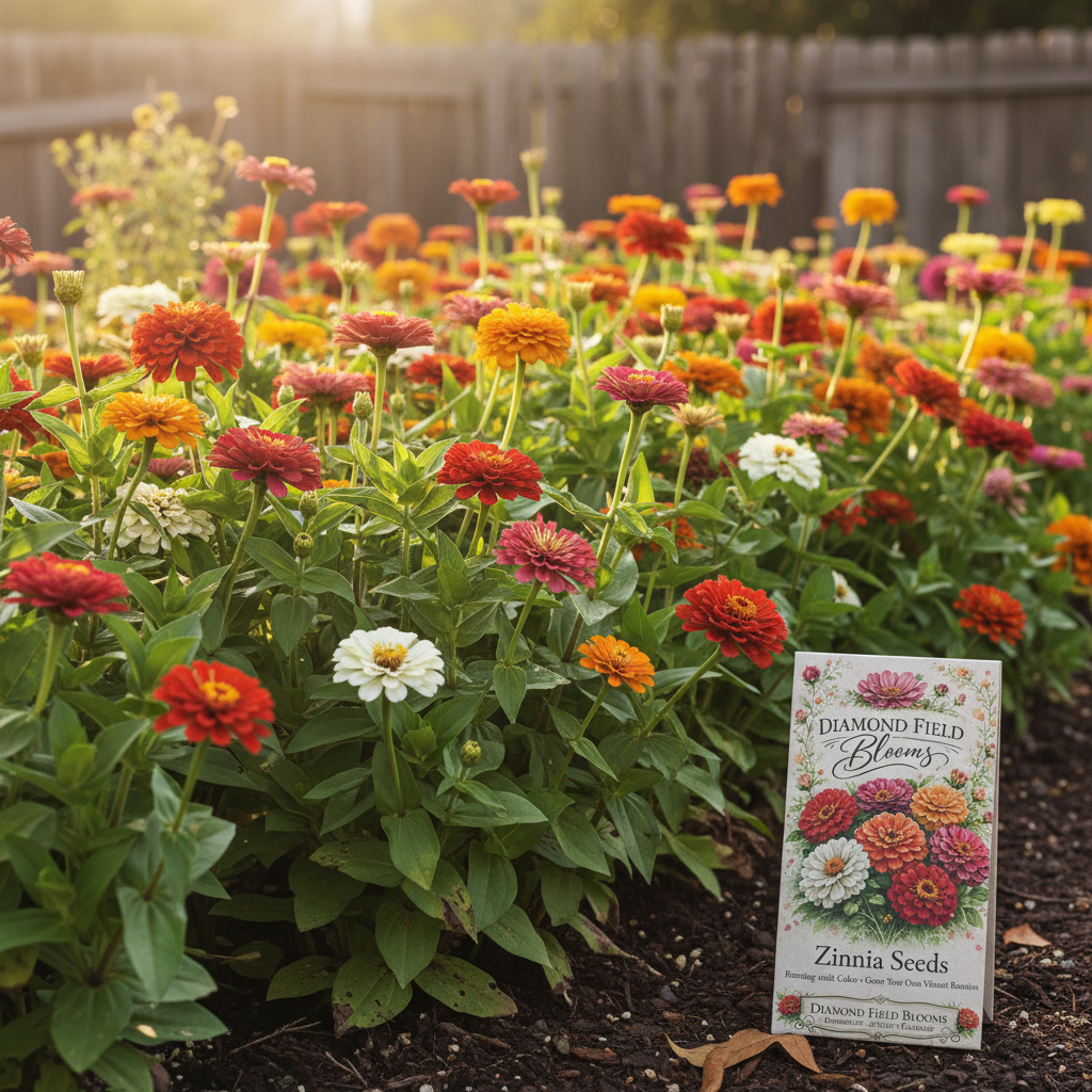 Lush mixed zinnia garden in full bloom with vibrant red, orange, pink and white flowers, Diamond Field Blooms Zinnia Seeds packet in the corner