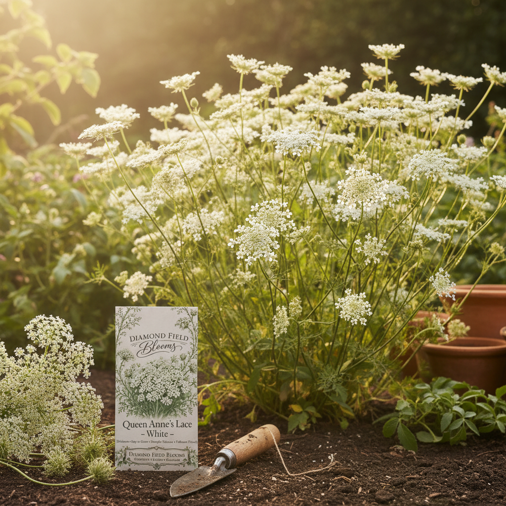 White Queen Anne's Lace flowers with delicate lacy white flower heads on tall stems in a sunlit garden, Diamond Field Blooms seed packet in the corner