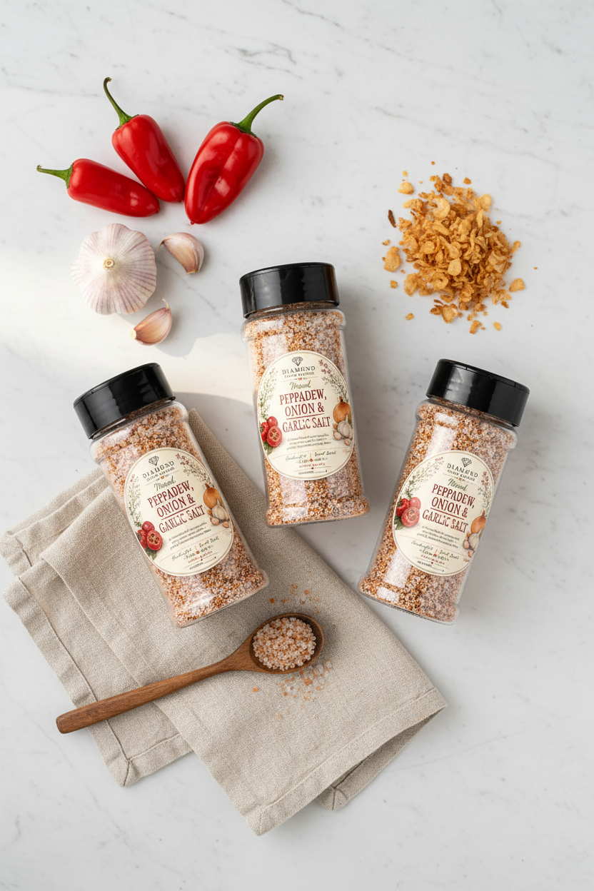 Diamond Field Blooms Peppadew Garlic & Onion Gourmet Salt gift flat lay on white marble with peppadews, garlic and linen cloth