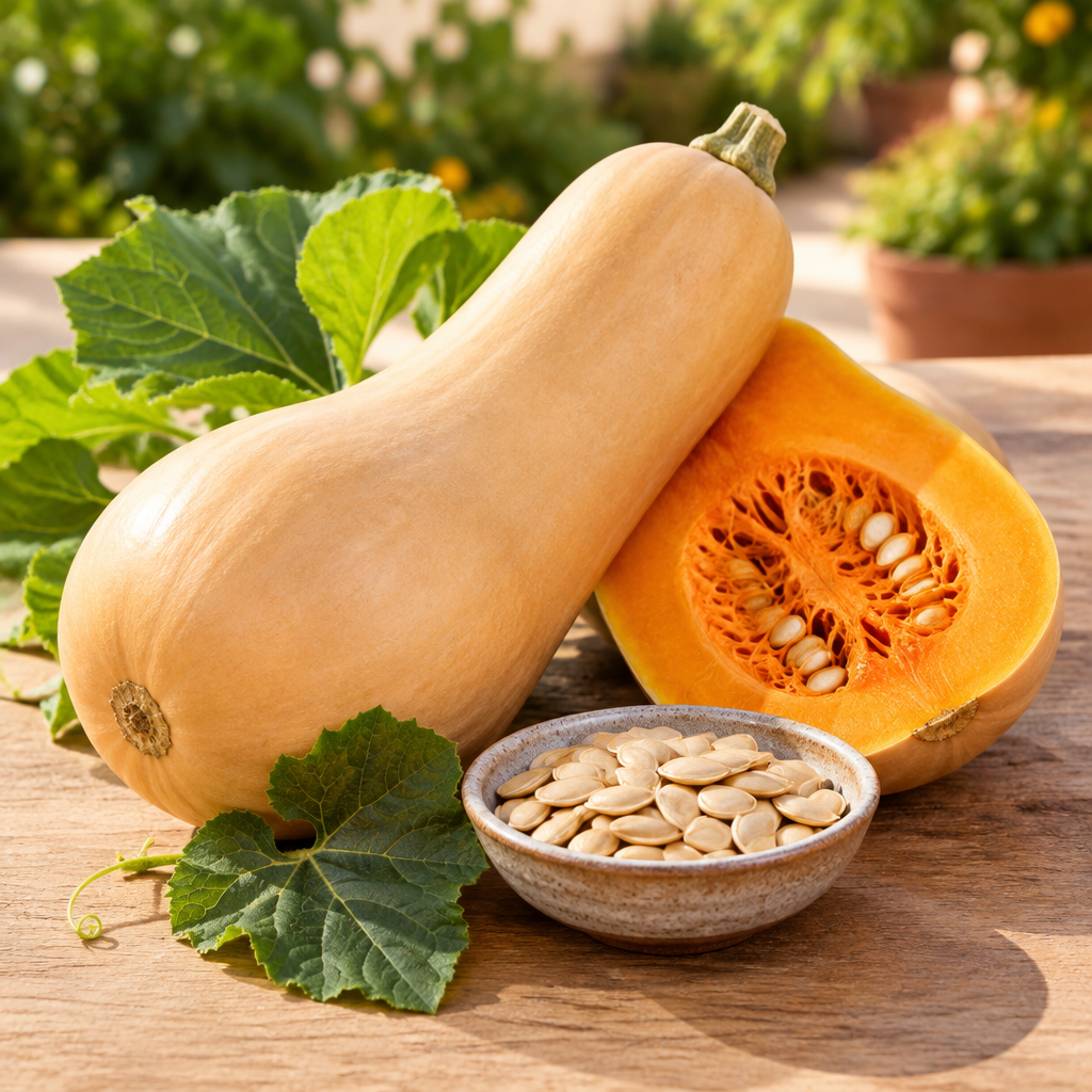 Ripe butternut squash with green leaves and squash seeds on a warm garden table
