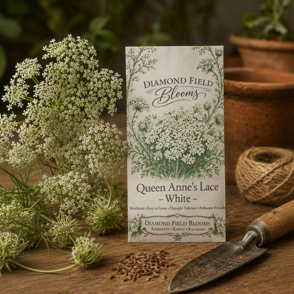 Close-up of White Queen Anne's Lace intricate lacy umbel flower heads with feathery foliage, Diamond Field Blooms seed packet in the corner