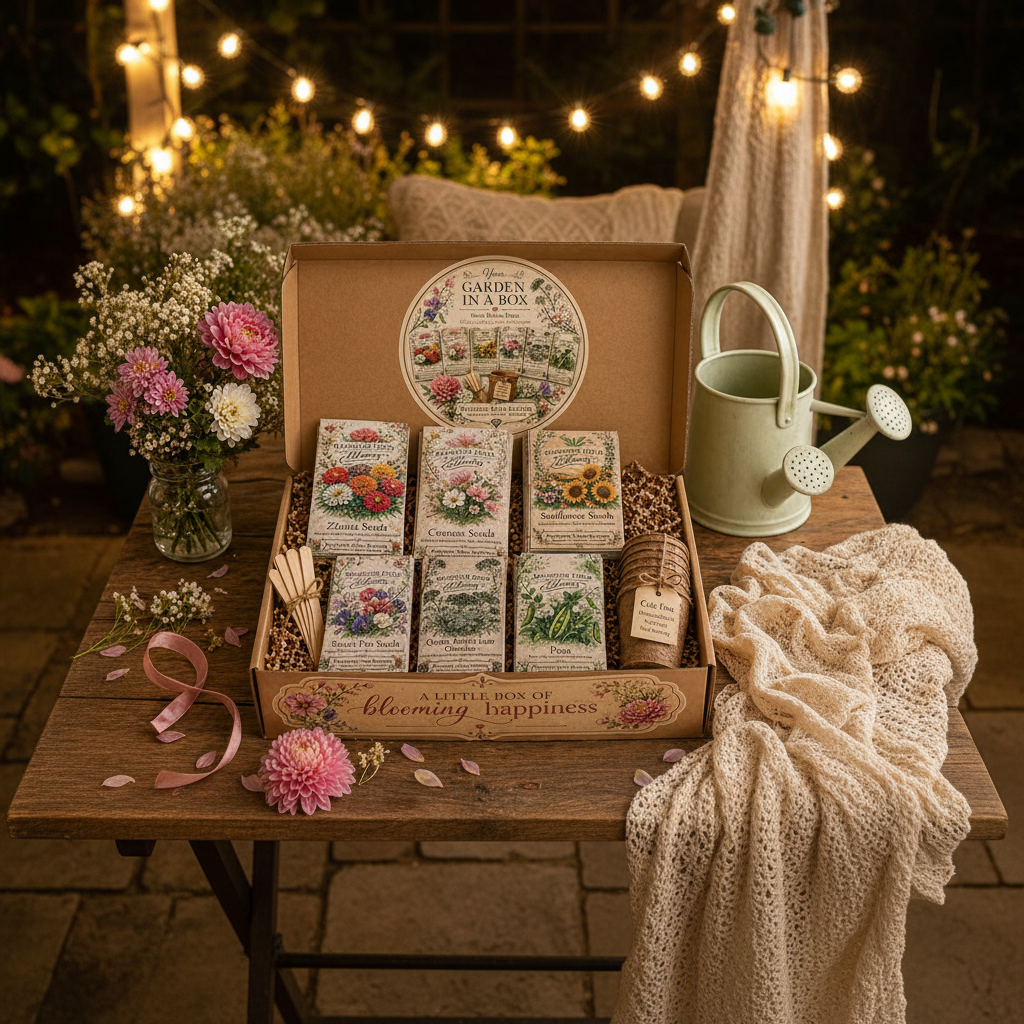 Diamond Field Blooms Garden in a Box open on a rustic wooden table with fresh flowers, seed packets, coir pots and a watering can