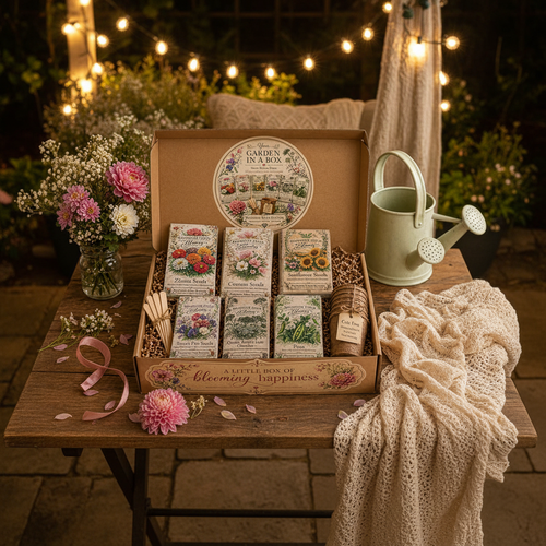Diamond Field Blooms Garden in a Box open on a rustic wooden table with fresh flowers, seed packets, coir pots and a watering can