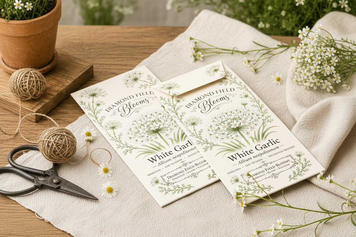 Diamond Field Blooms White Garlic seed packet flat lay on rustic wood with dried botanicals and linen cloth"