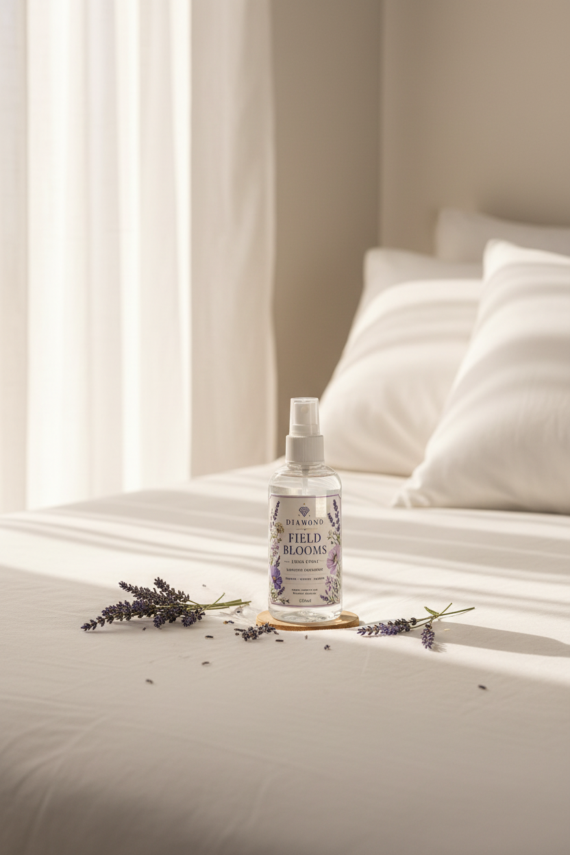 Lavender Linen Mist 100ml by Diamond Field Blooms — styled on a white linen bed with dried lavender sprigs and soft morning light