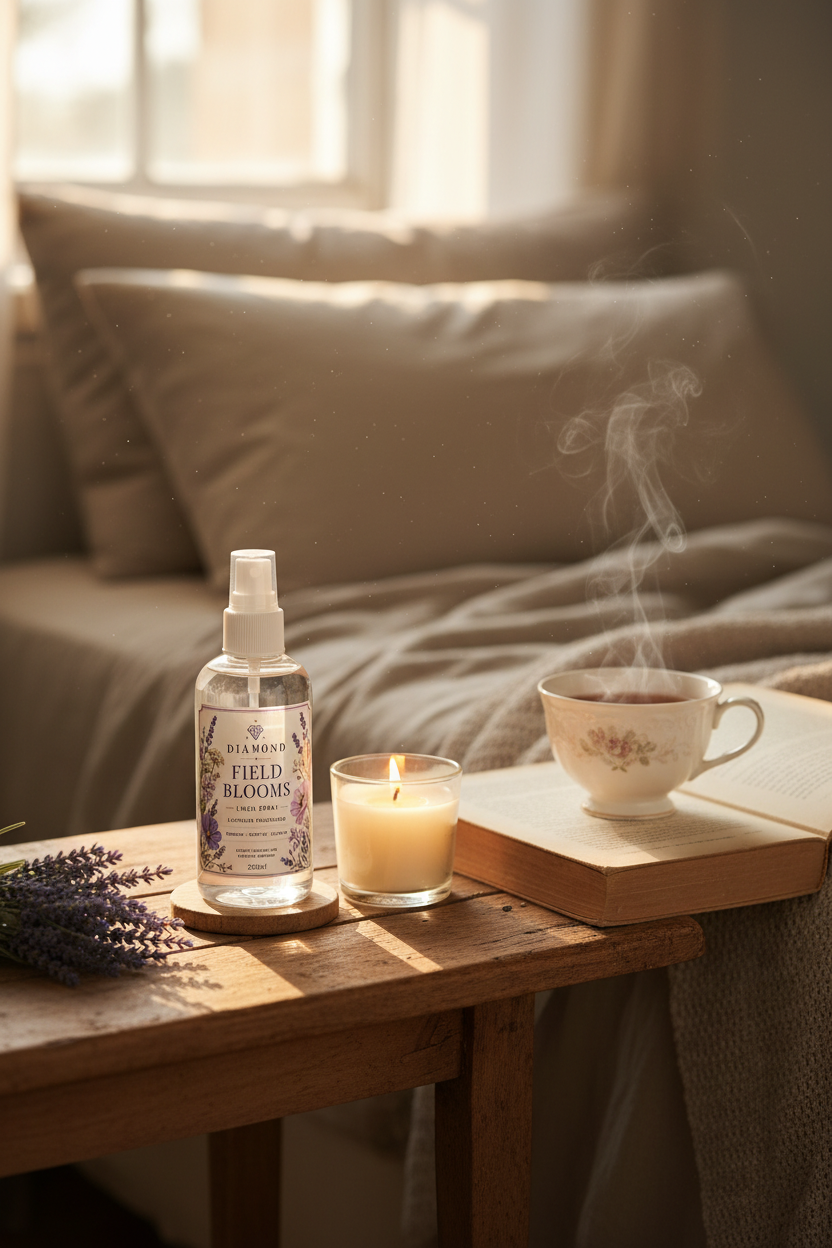 Lavender Linen Mist 100ml by Diamond Field Blooms — styled on a wooden bedside table with candle, book and herbal tea