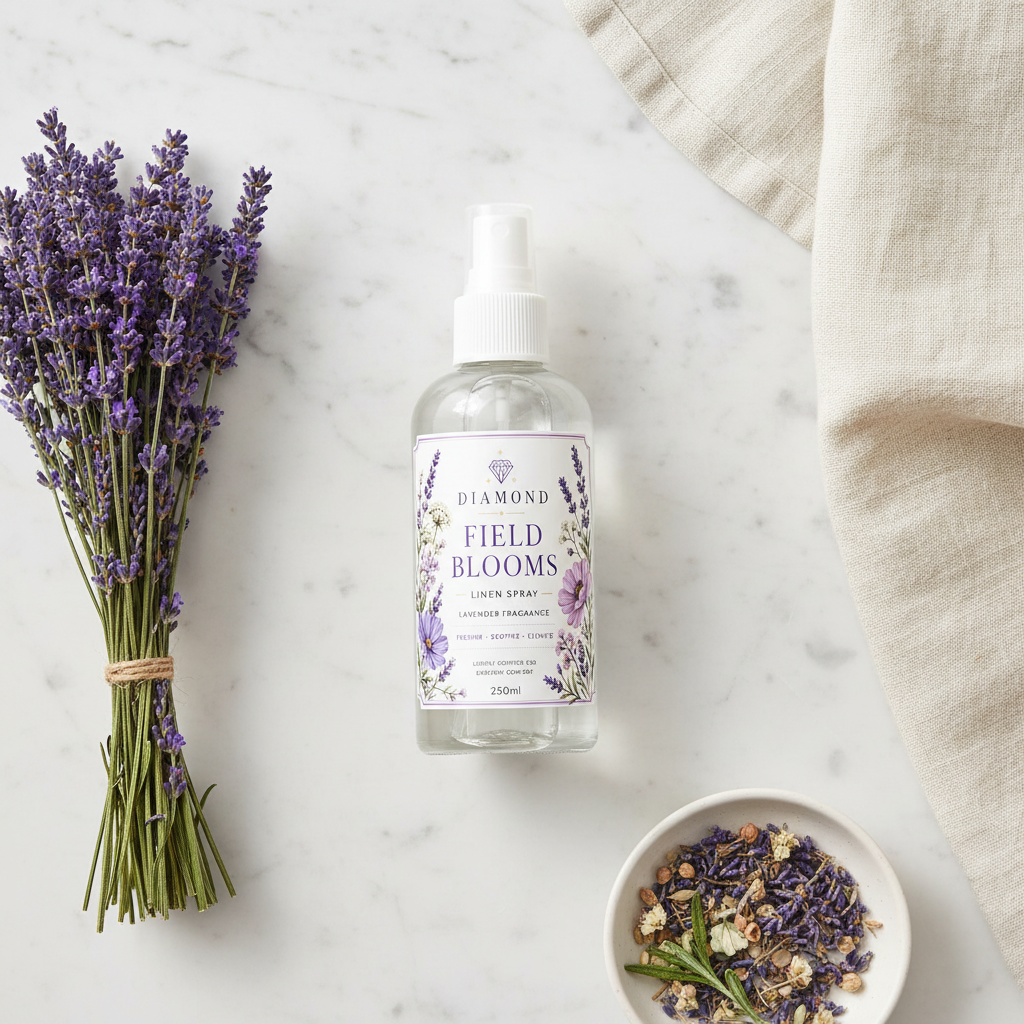 Diamond Field Blooms Lavender Linen Mist 100ml — flat lay on white marble with fresh lavender bunches and cream linen cloth